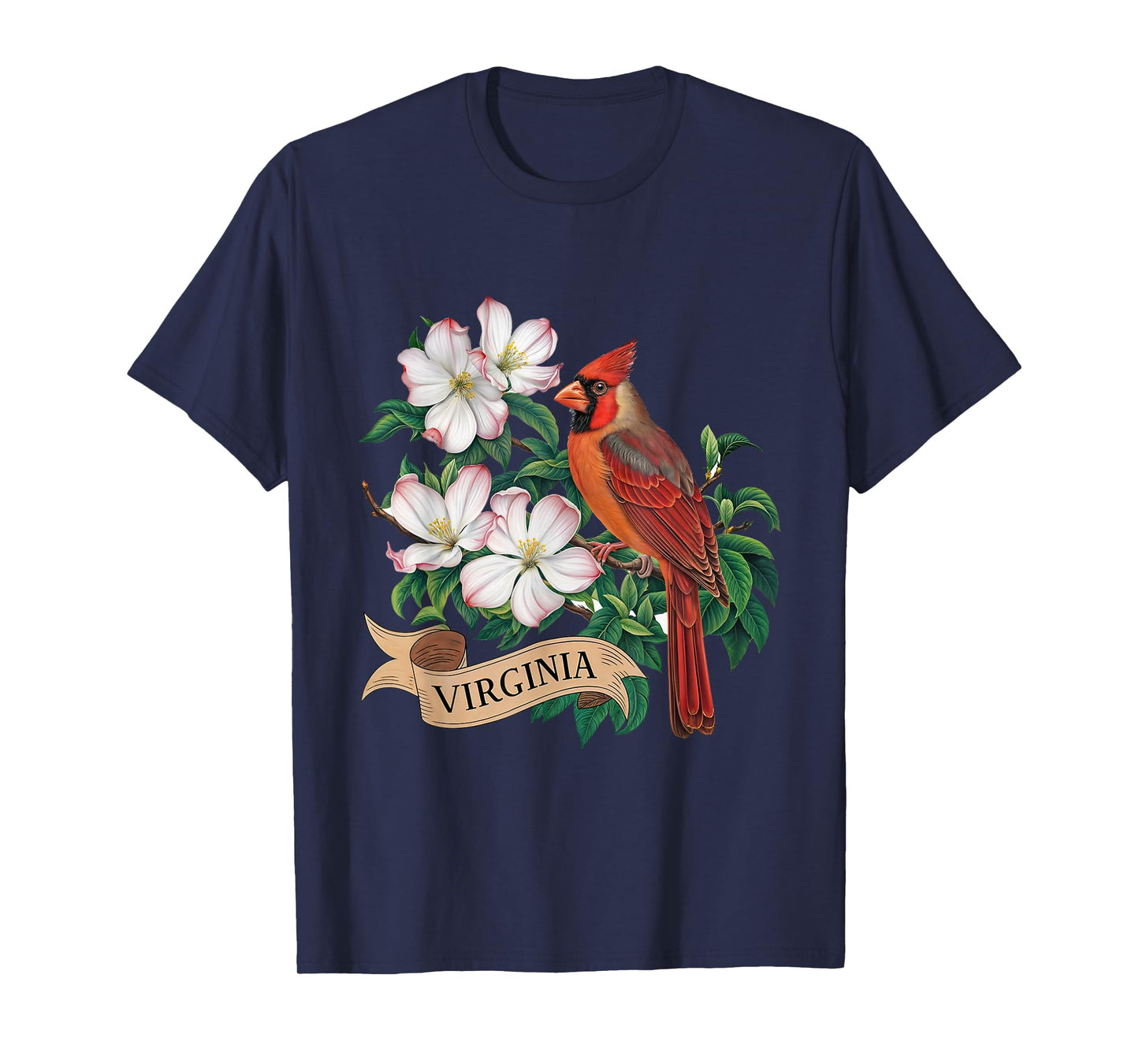 Virginia Cardinal Bird and Flowering Dogwood Flower T-Shirt