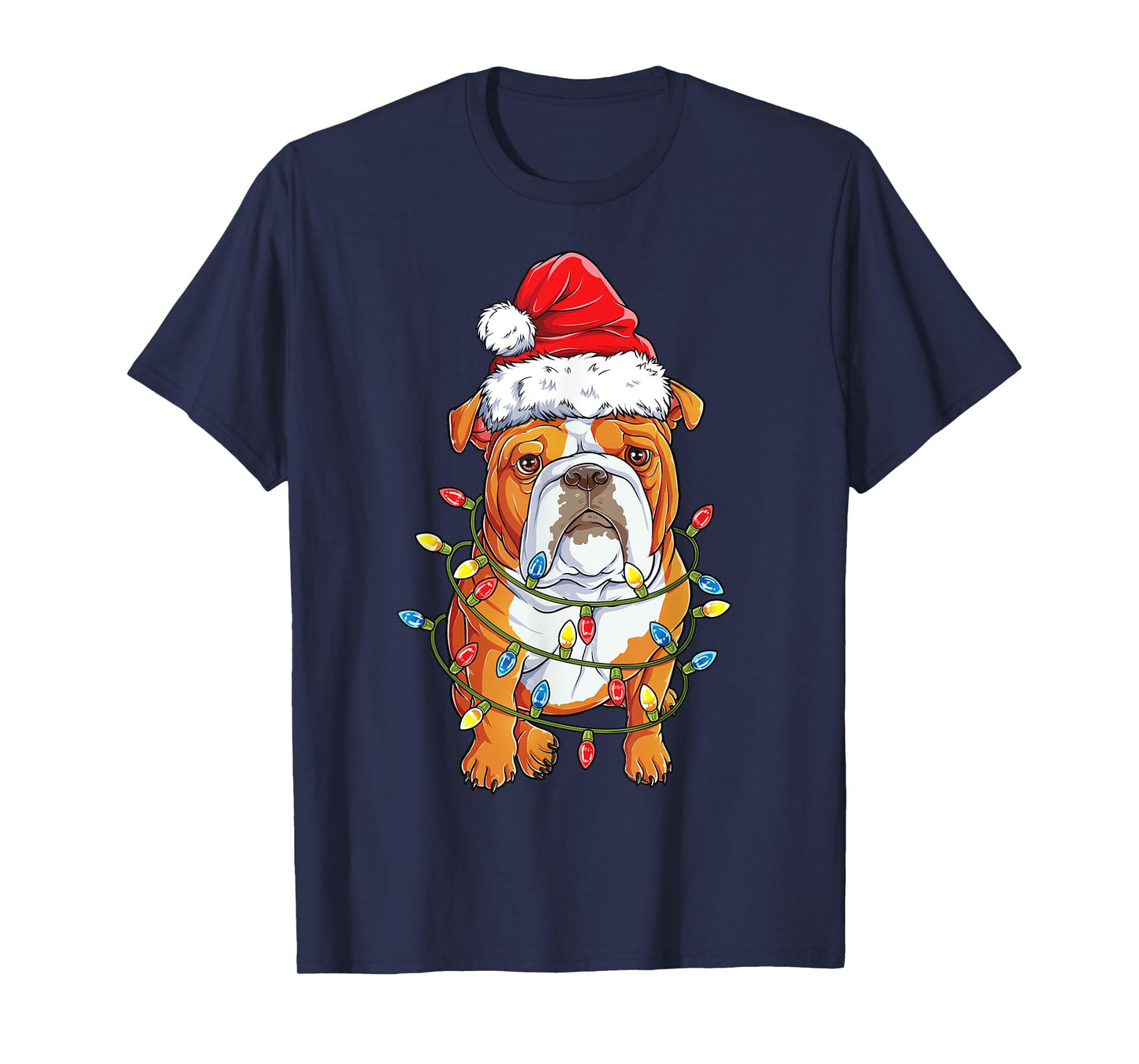 English Bulldog Santa Christmas Tree Lights Xmas Boys Dog T-Shirt