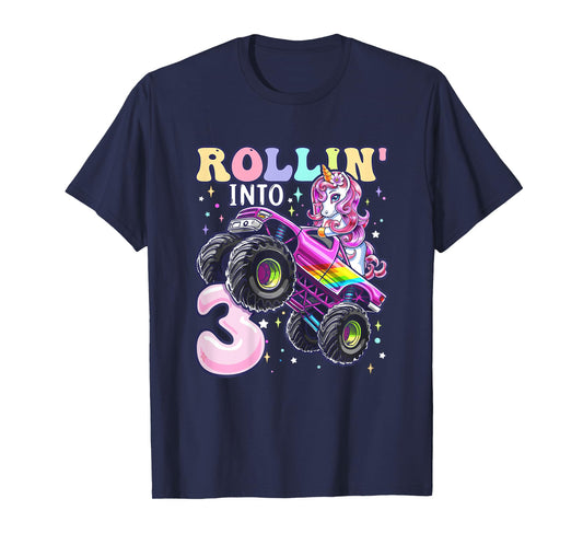 Unicorn Monster Truck 3rd Birthday 3 Year Old Girls Party T-Shirt