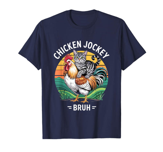 Funny cat riding chicken jockey bruh meme T-Shirt for Men Women Kids