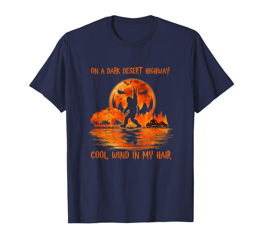 Bigfoot Middle Finger On A Dark Desert Highways Halloween T-Shirt