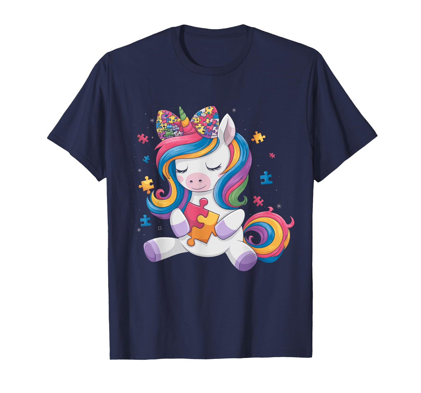 Cute Autism Awareness Toddler Girl Bow Unicorn Puzzle Piece T-Shirt