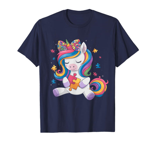 Cute Autism Awareness Toddler Girl Bow Unicorn Puzzle Piece T-Shirt