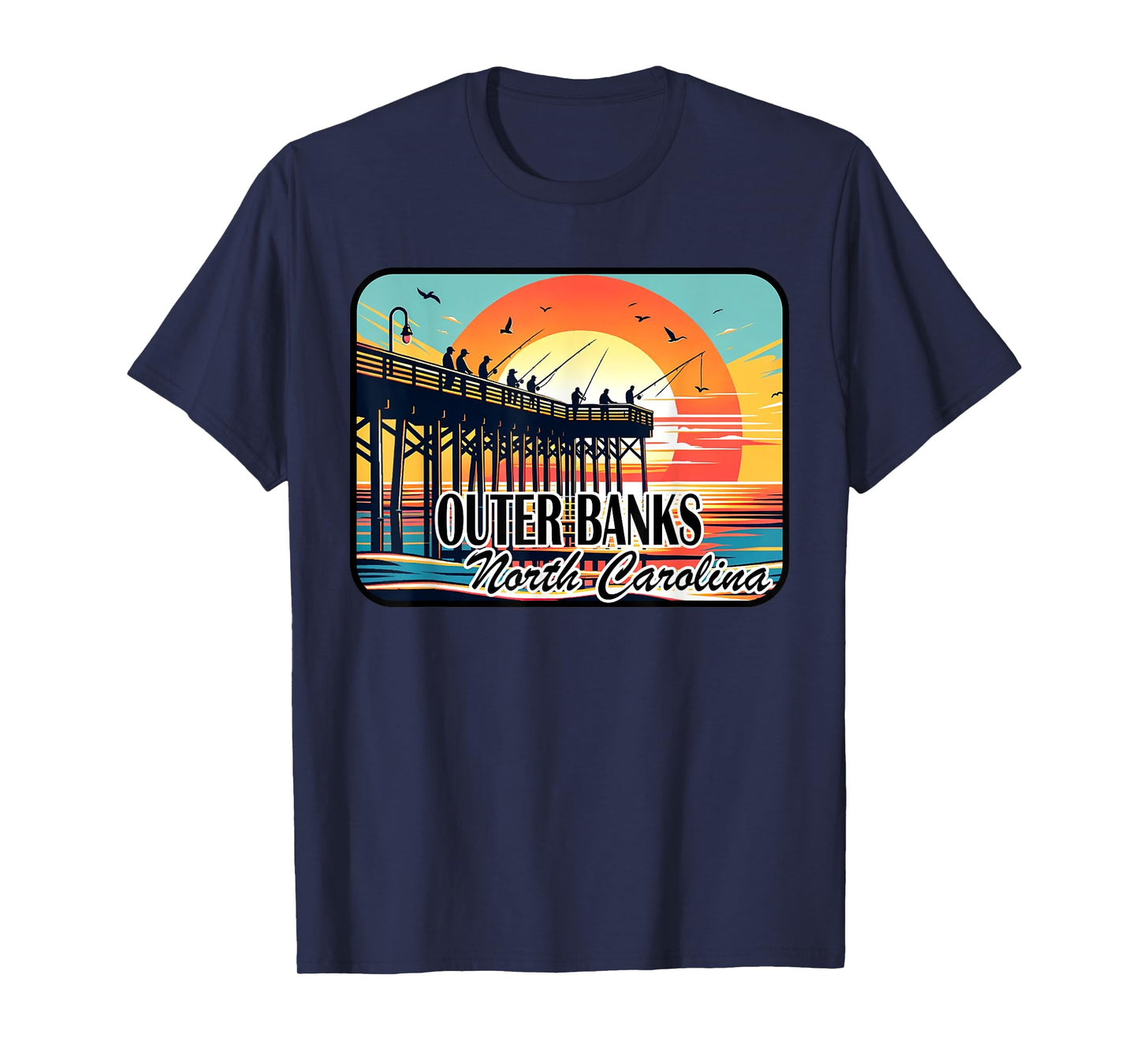 Outer Banks North Carolina Pier Fishing at Dawn Design T-Shirt