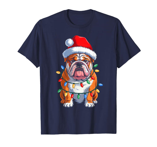 English Bulldog Dog Christmas Lights Santa Hat Xmas Pajamas T-Shirt