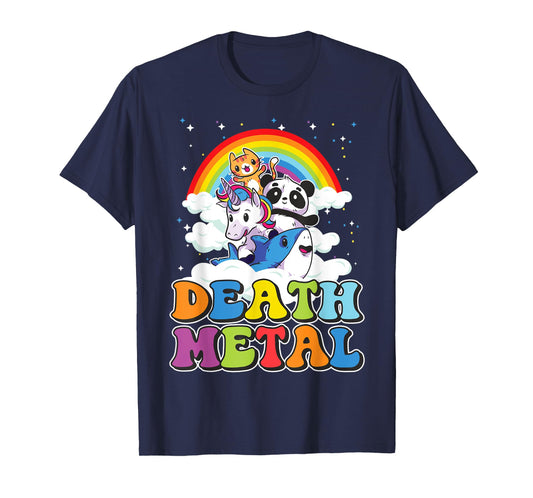 Retro Death Metal Cat Rainbow Unicorn Funny Heavy Metal T-Shirt