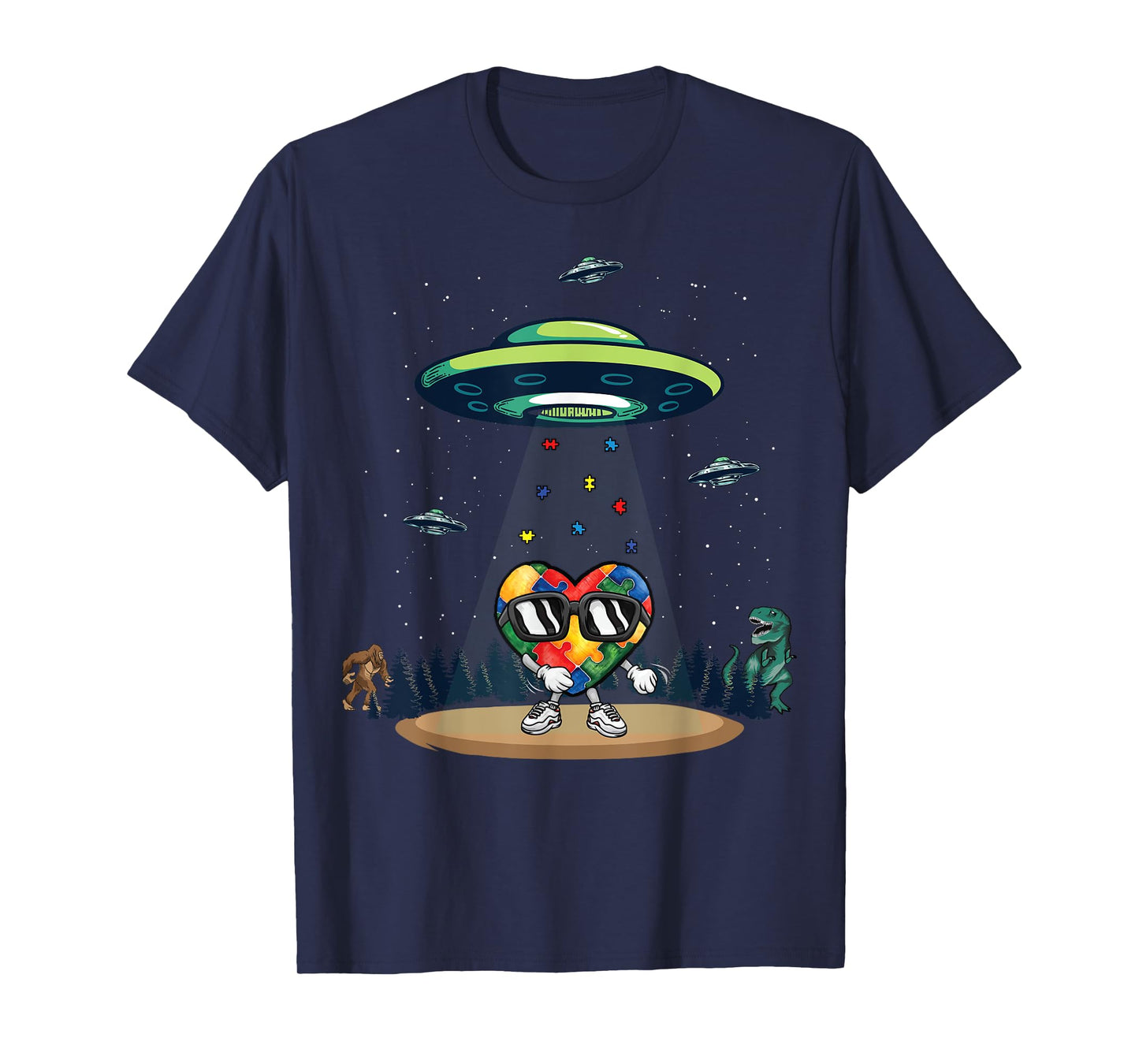 UFO Dinosaur Bigfoot Love Kindness Autism Awareness Puzzle T-Shirt