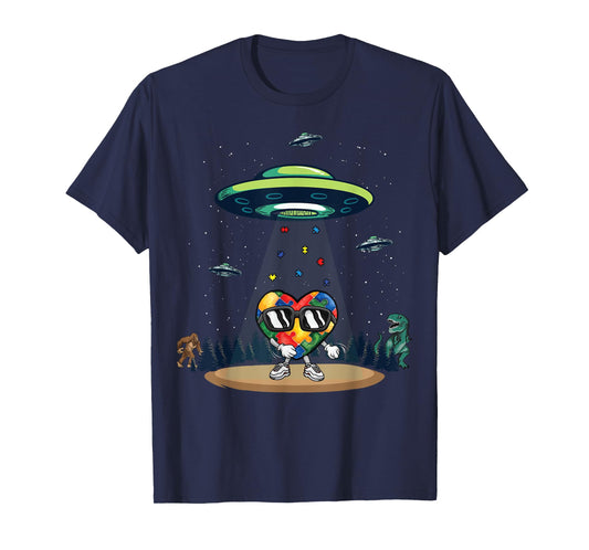 UFO Dinosaur Bigfoot Love Kindness Autism Awareness Puzzle T-Shirt