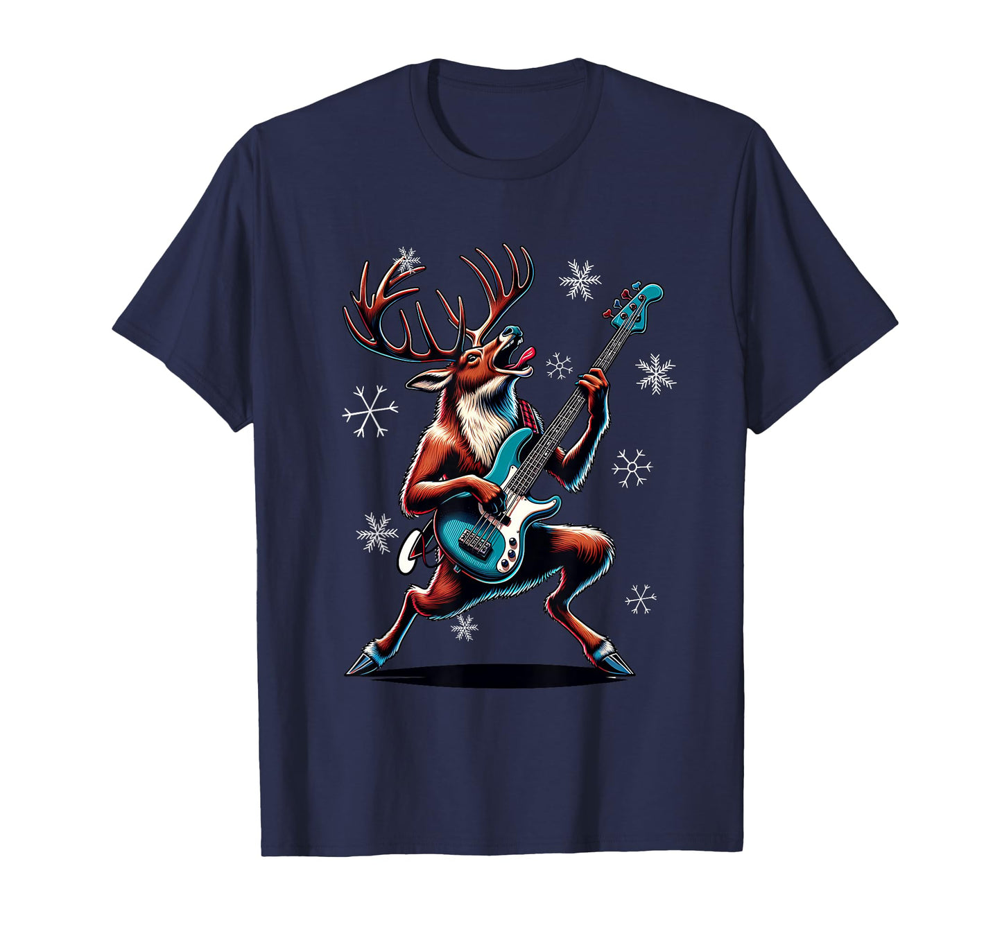 Rock & Roll Reindeer Bass-Guitar Bassist Christmas T-Shirt