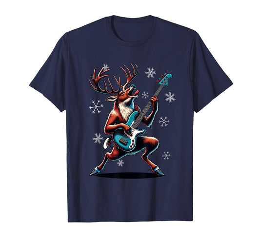 Rock & Roll Reindeer Bass-Guitar Bassist Christmas T-Shirt