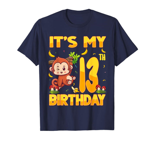 It's My 13th Birthday Monkey 13 Year Old Bday Party Kid Boy T-Shirt
