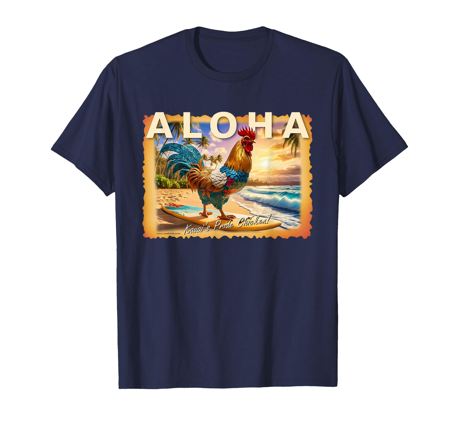 Bad Tuna Kauai's Pride Chicken with Aloha T-Shirt - Unisex Adults - Black - Small - Short Sleeve - Cotton Blend - Hawaiian T-Shirt - Unique Hawaiian Design
