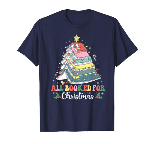 All Booked For Christmas Book Tree Lights Christmas Library T-Shirt