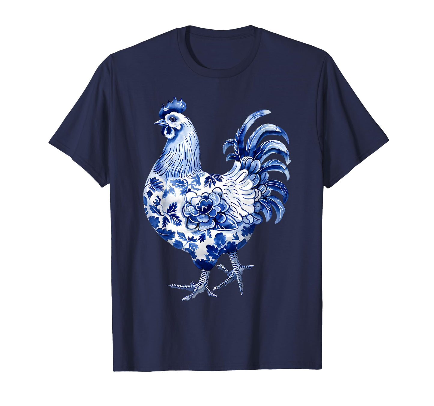 Floral Blue Chinoiserie Chicken Flowers Art Graphic Farm T-Shirt