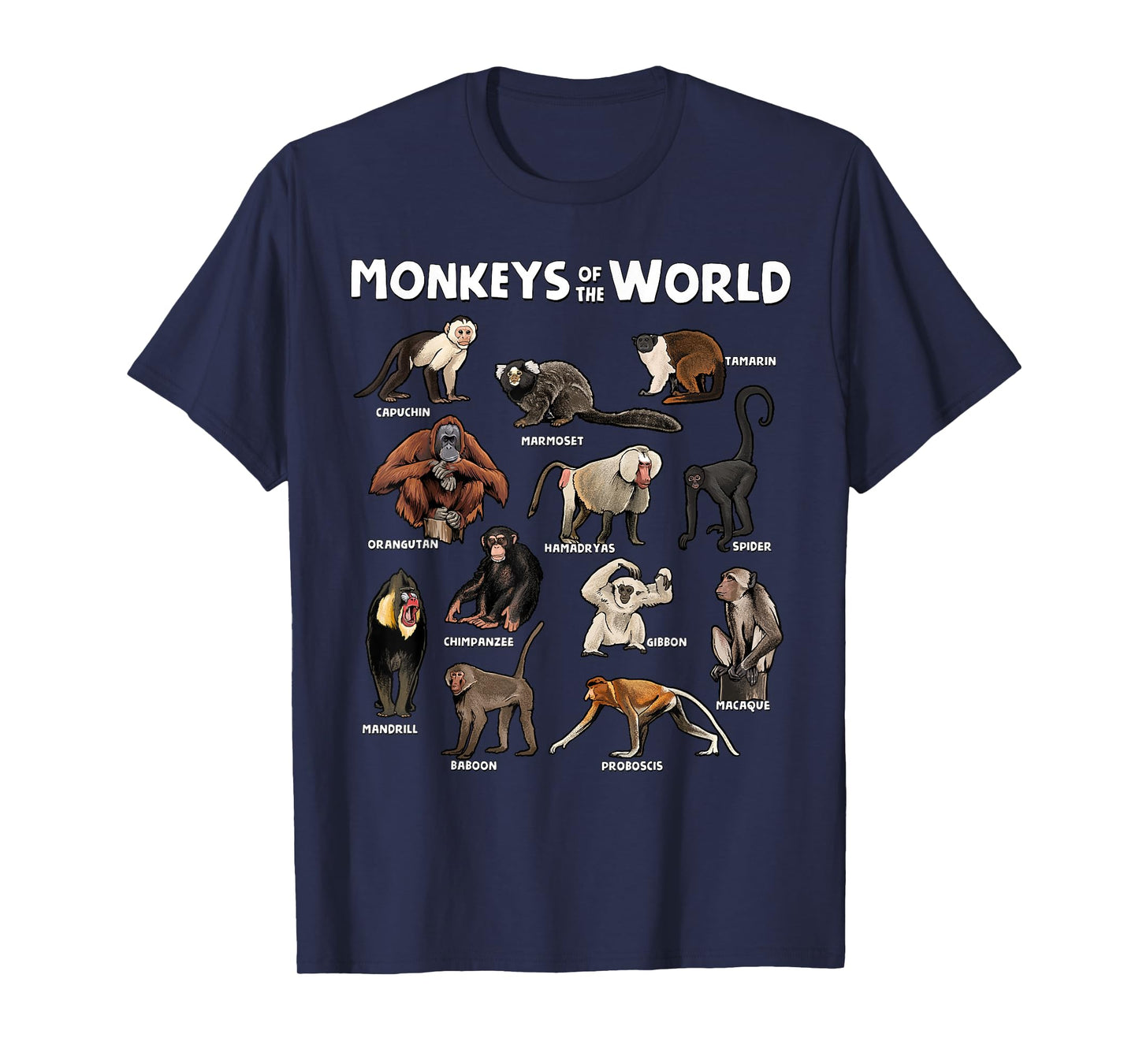 Monkeys of the World Realistic Animal Species Design T-Shirt