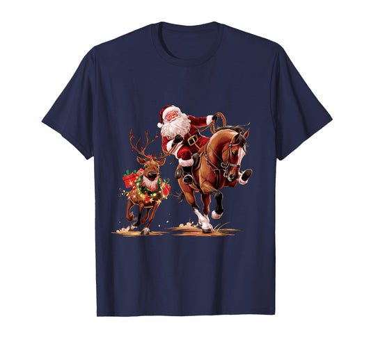 Funny Cowboy Santa Bulldogging Christmas Cowboy Western Xmas T-Shirt