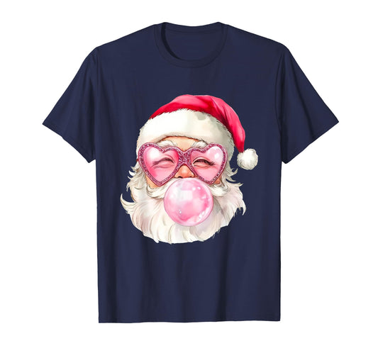 Santa Claus Bubble Gum Pink Heart Sunglasses Christmas T-Shirt