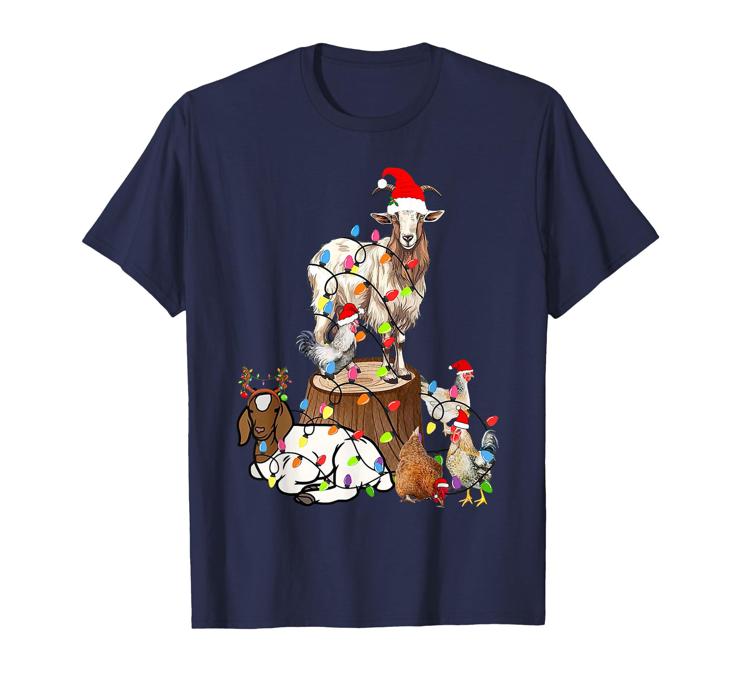 Goat Chicken Santa Hat Reindeer Funny Christmas Lights Farm T-Shirt