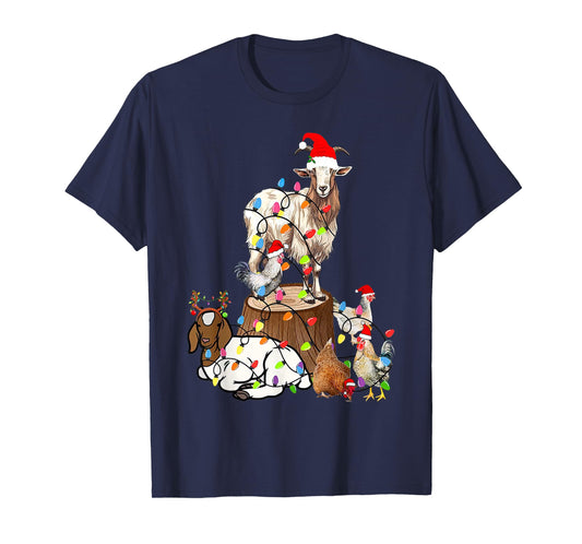 Goat Chicken Santa Hat Reindeer Funny Christmas Lights Farm T-Shirt