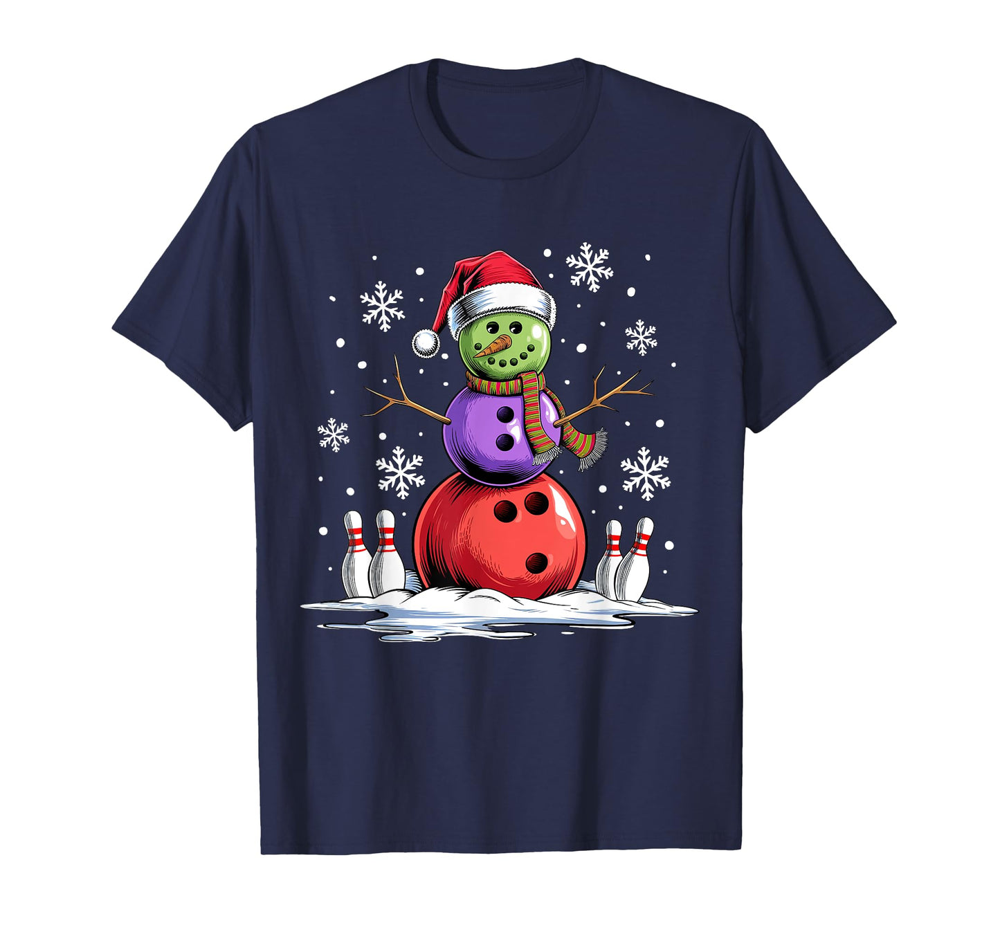 Bowling Snowman Bowling Player Santa Hat Christmas Funny T-Shirt