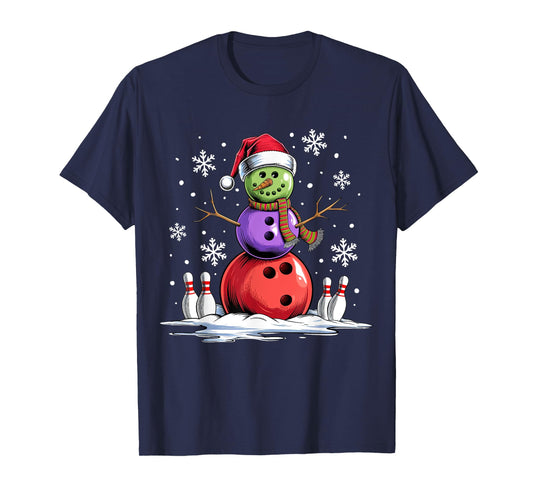 Bowling Snowman Bowling Player Santa Hat Christmas Funny T-Shirt