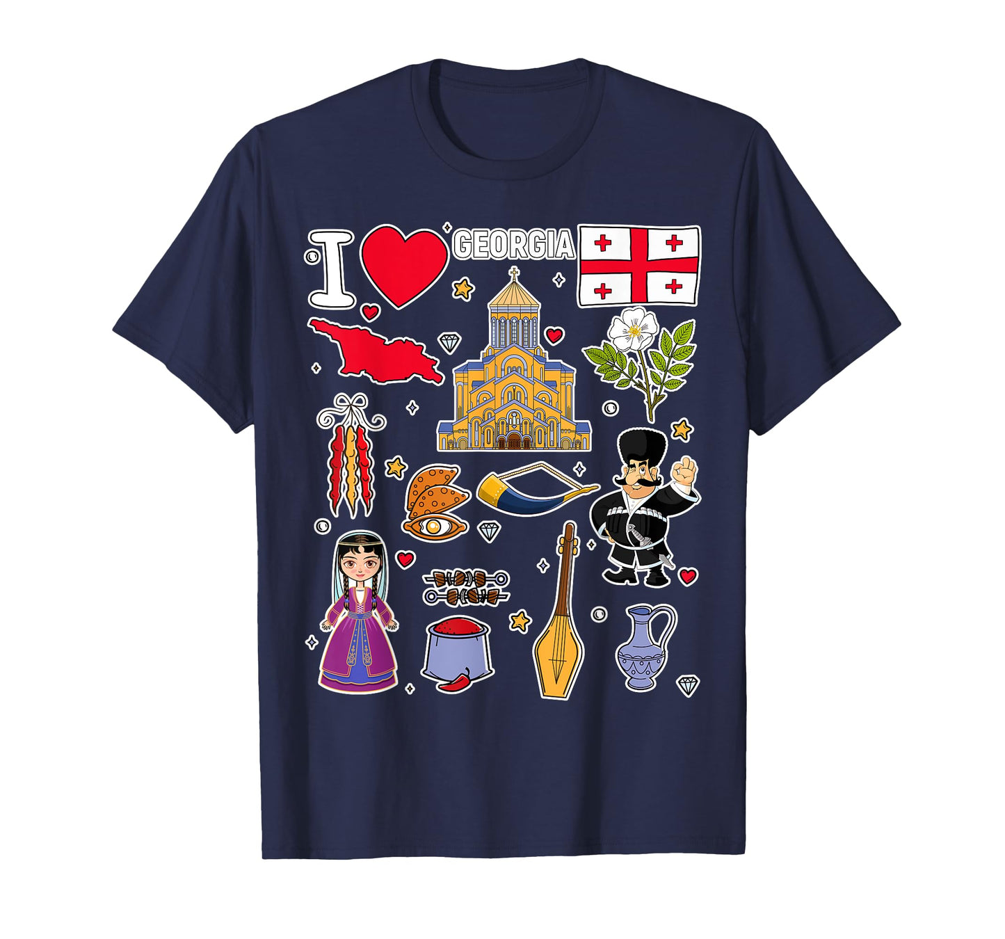 Georgian hand drawn symbols, Georgia map, cultural icons T-Shirt
