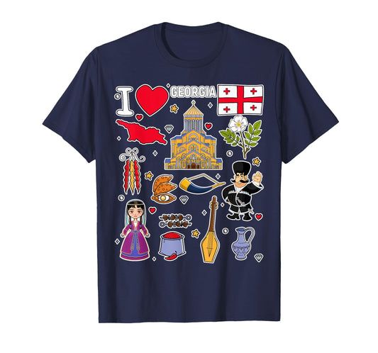 Georgian hand drawn symbols, Georgia map, cultural icons T-Shirt
