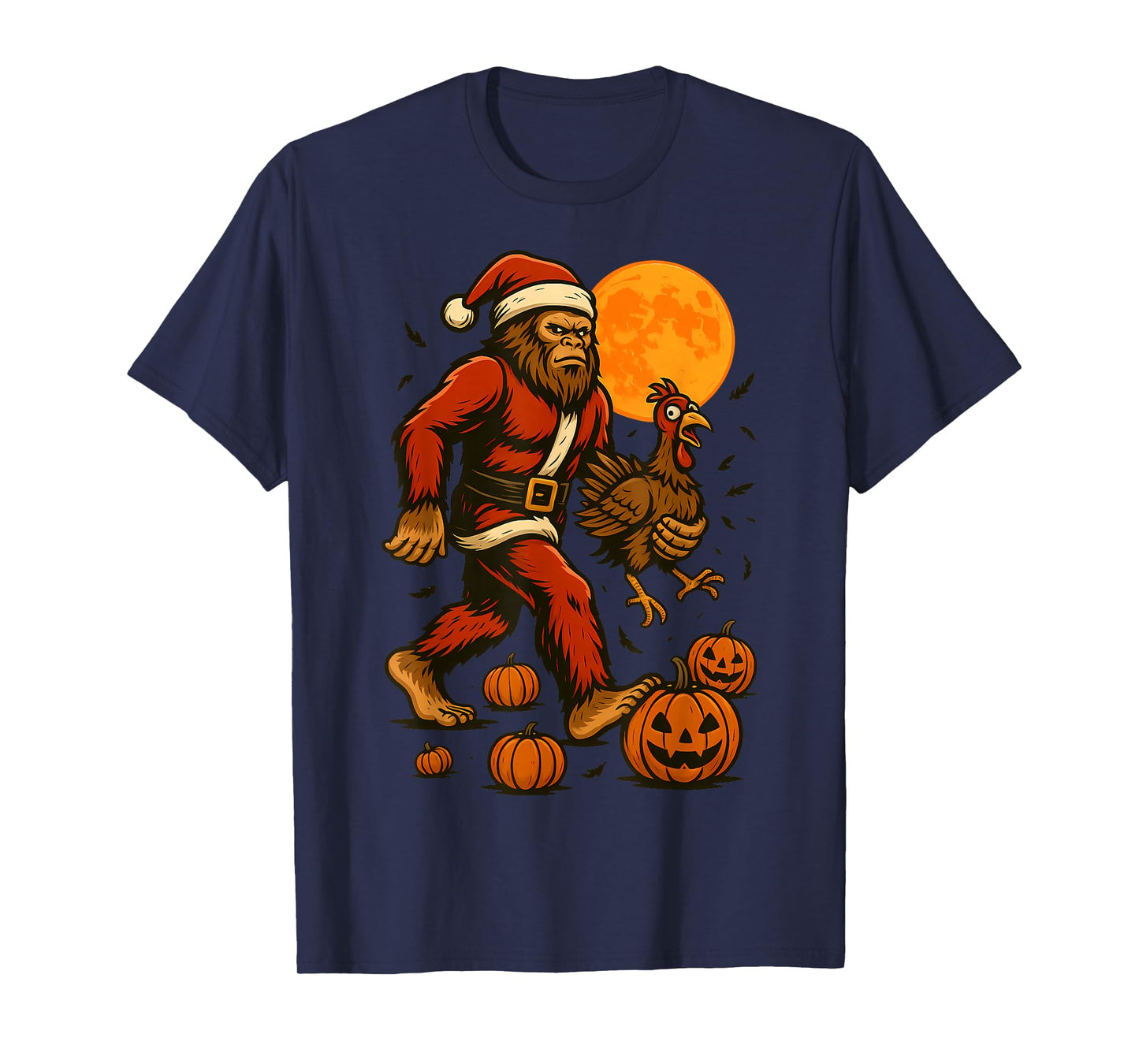 Funny Bigfoot in a Santa Suit Carrying a Turkey Halloween T-Shirt