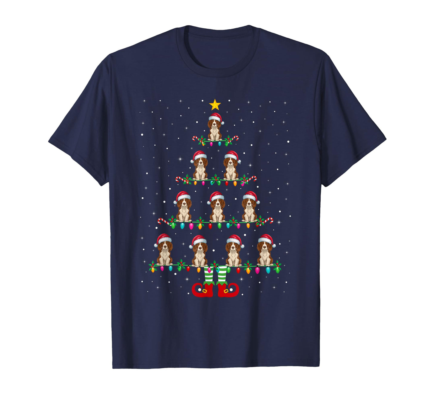 Christmas Tree Lights Santa Hat ELF Brittany Spaniel Dog Men Women Kids T-Shirt