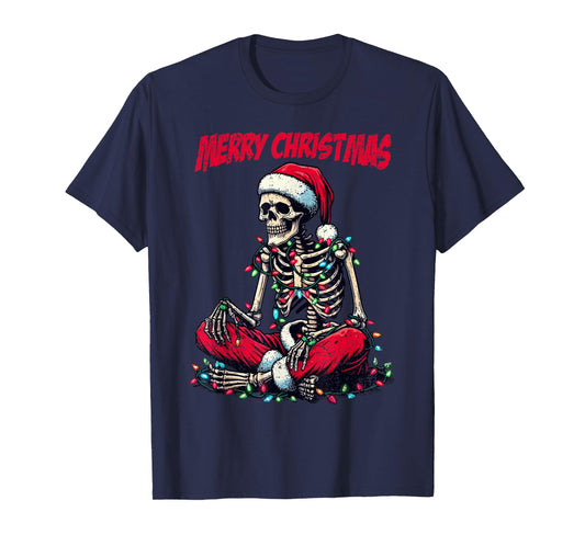 Skeleton Santa Hat Merry Christmas X-mas Lights Holiday T-Shirt