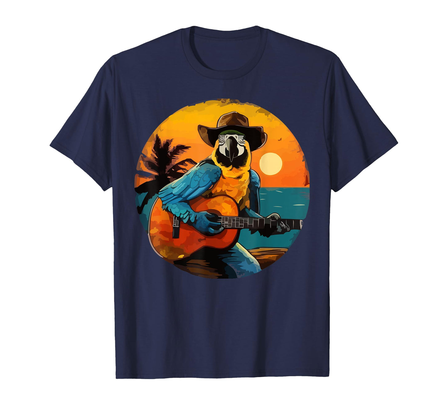 Rock Parrot Playing Guitar - Funny Guitar Parrot Sunset T-Shirt