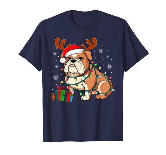 English Bulldog Dog Christmas Lights Santa Hat Dog Lover Men Women Kids T-Shirt