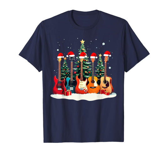Santa Guitars Acoustic Bass Music Guitar Player Christmas T-Shirt