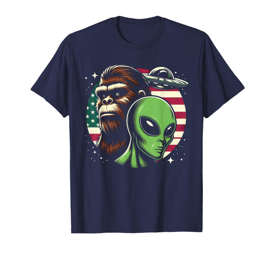 Bigfoot Sasquatch Alien UFO USA American Flag T-Shirt