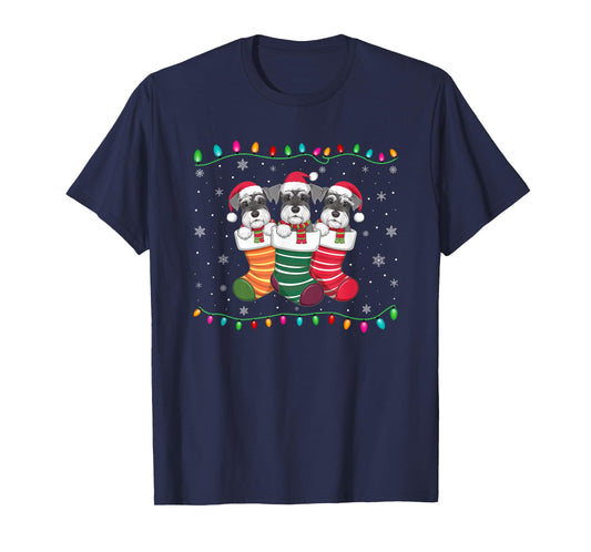 Xmas Tree Lights Funny Schnauzer Dog in Christmas Socks T-Shirt for Men Women Kids