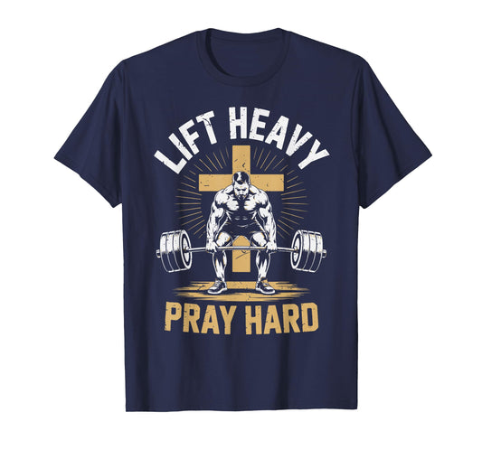 Mens Christian Workout Lift Heavy Pray Hard Gym Jesus Christ T-Shirt