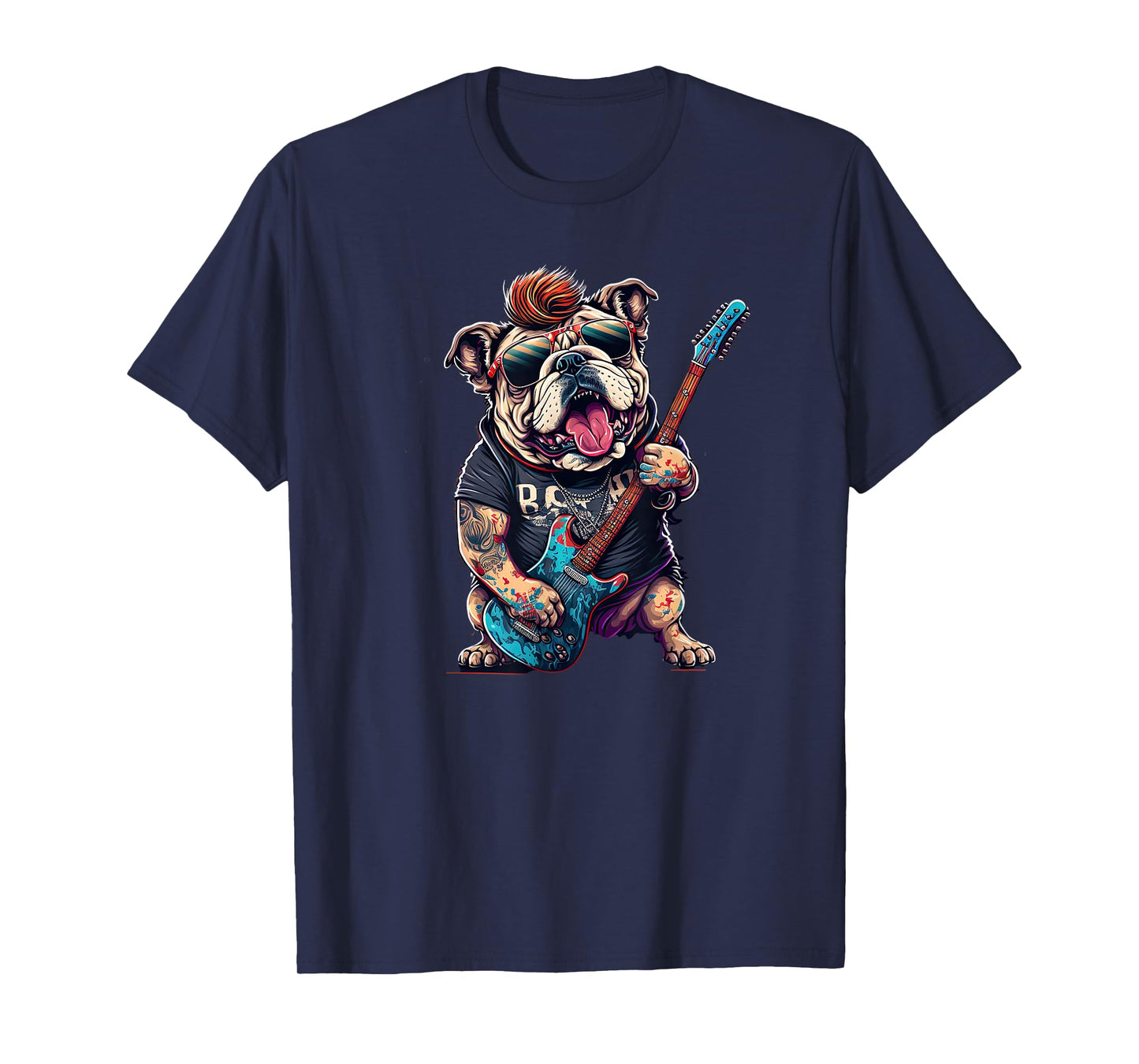 Funny Bulldog Dog Rock and Roll Rocker 80s 90s T-Shirt for Men Women Girls Kids