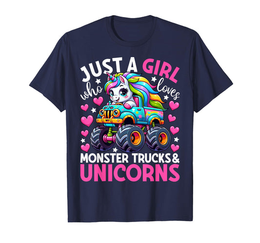 Just a Girl Who Loves Monster Trucks and Unicorns Girls T-Shirt