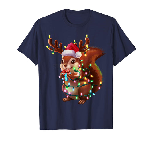 Squirrel Christmas Tree Lights Funny Xmas Family Men Women T-Shirt