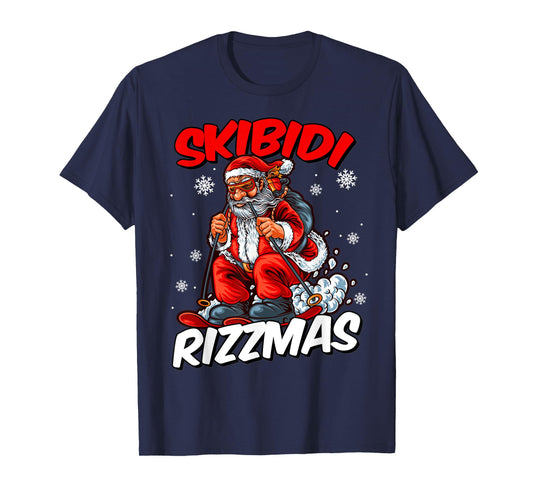 Retro Skibidi Rizzmas Funny Santa Clause Skiing_Xmas T-Shirt