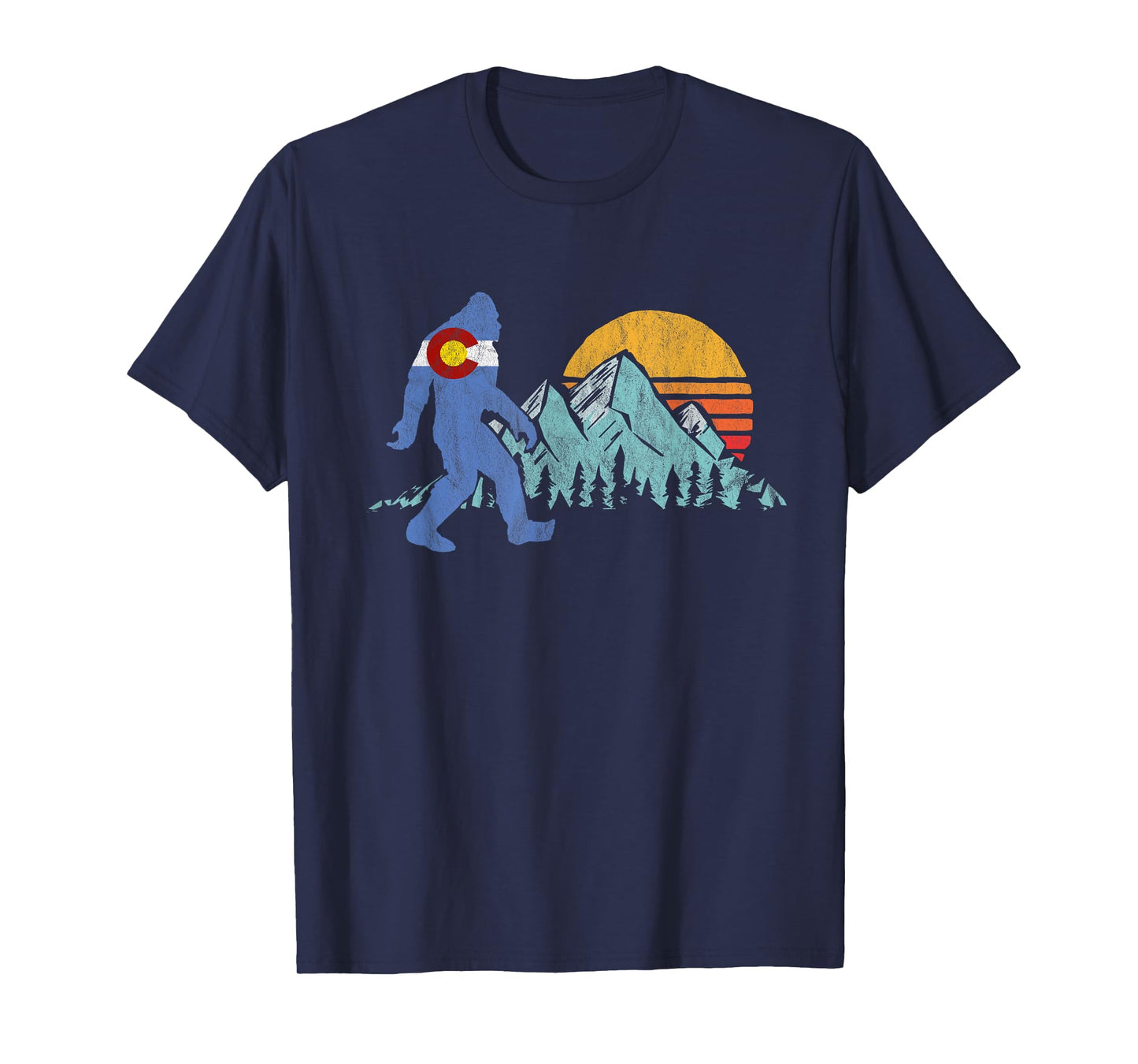 Retro Bigfoot Sun & Mountain State Flag of Colorado Graphic T-Shirt