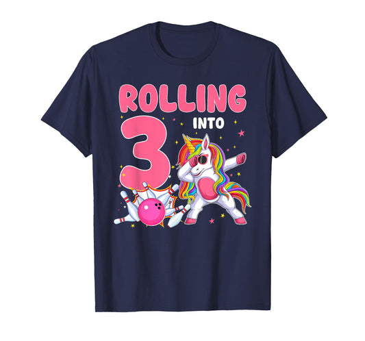 Rolling Into 3 3rd Birthday Unicorn Bowling 3 Year Old T-Shirt