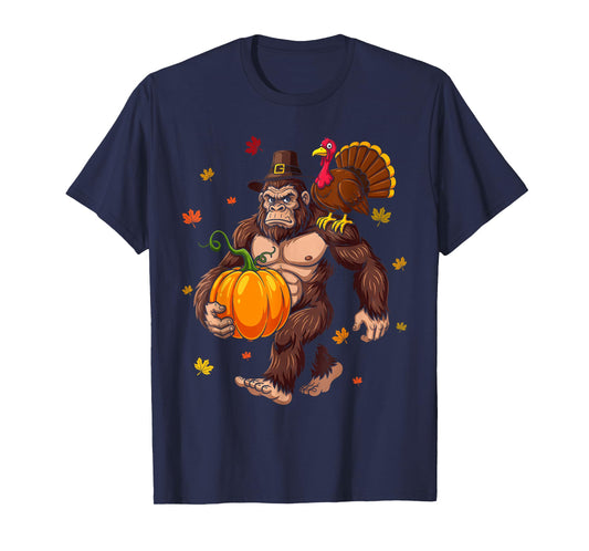 Bigfoot Pilgrim Turkey Pumpkin Thanksgiving Day Boys Men T-Shirt