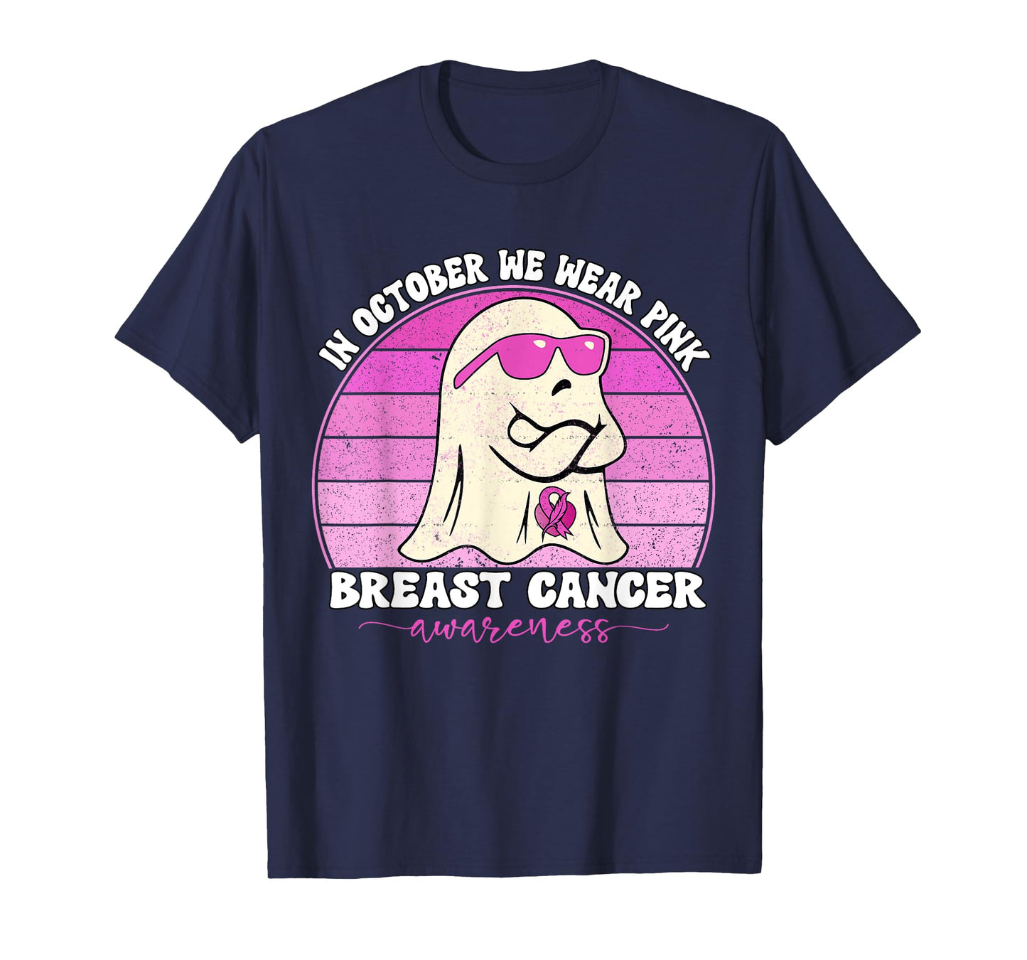 Groovy Breast Cancer Awareness We Wear Pink Ribbon Ghost T-Shirt