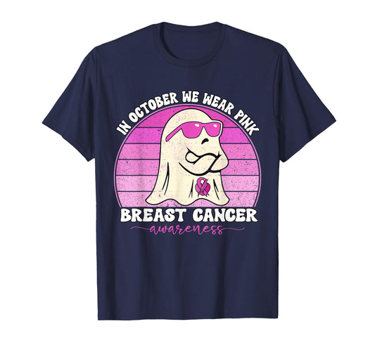 Groovy Breast Cancer Awareness We Wear Pink Ribbon Ghost T-Shirt