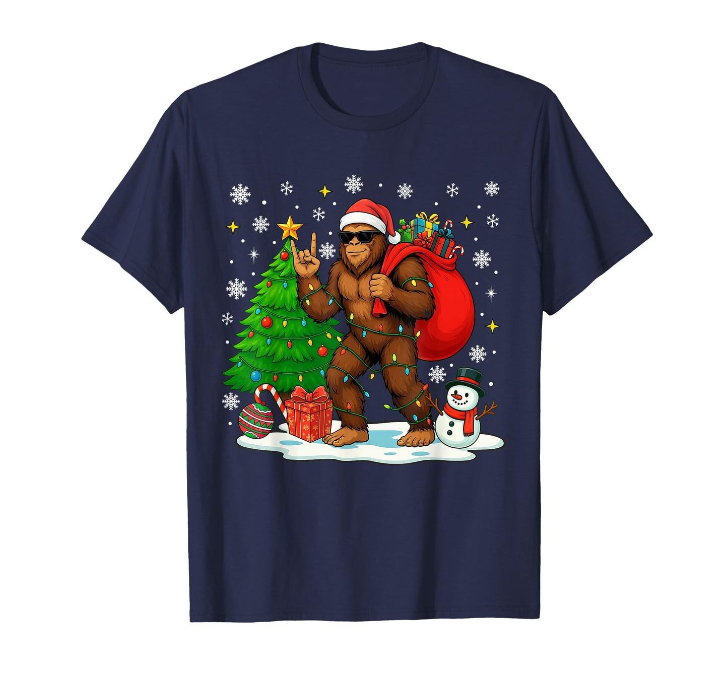 Santa Bigfoot Christmas Tree Lights Boys Men Sasquatch Lover T-Shirt