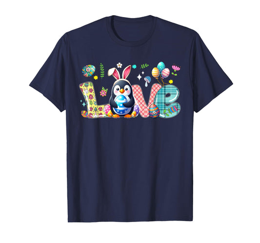 Love Easter Bunny Penguin Hunting Eggs Flowers Colourful T-Shirt