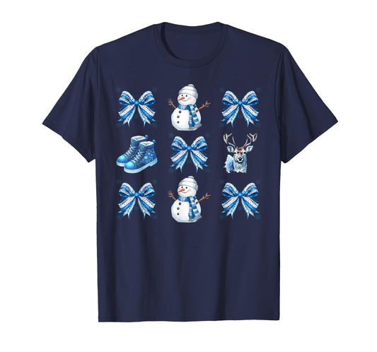 Cute Snowman Coquette Bow Winter Wonderland Icy Blue Xmas T-Shirt
