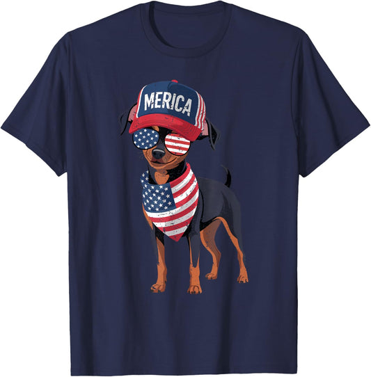 Min Pin 4th of July US American Flag Dog Patriotic T-Shirt