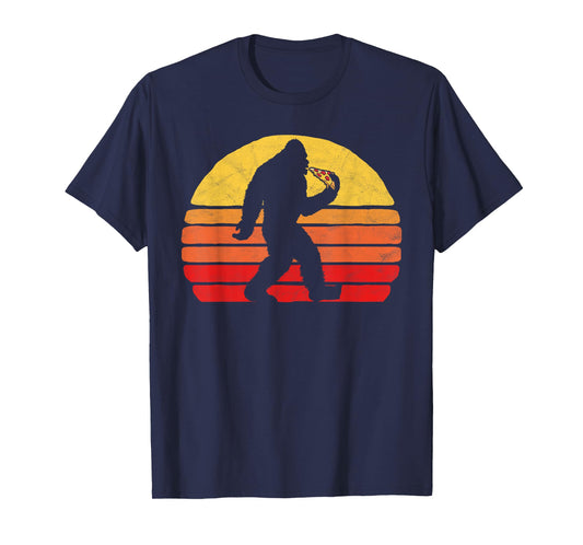 Sasquatch and Pizza! Funny Eating Bigfoot & 80s Sun Graphic T-Shirt